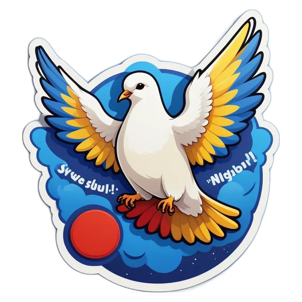 A cartoon depiction of a dove taking flight with a red circle surrounding it.