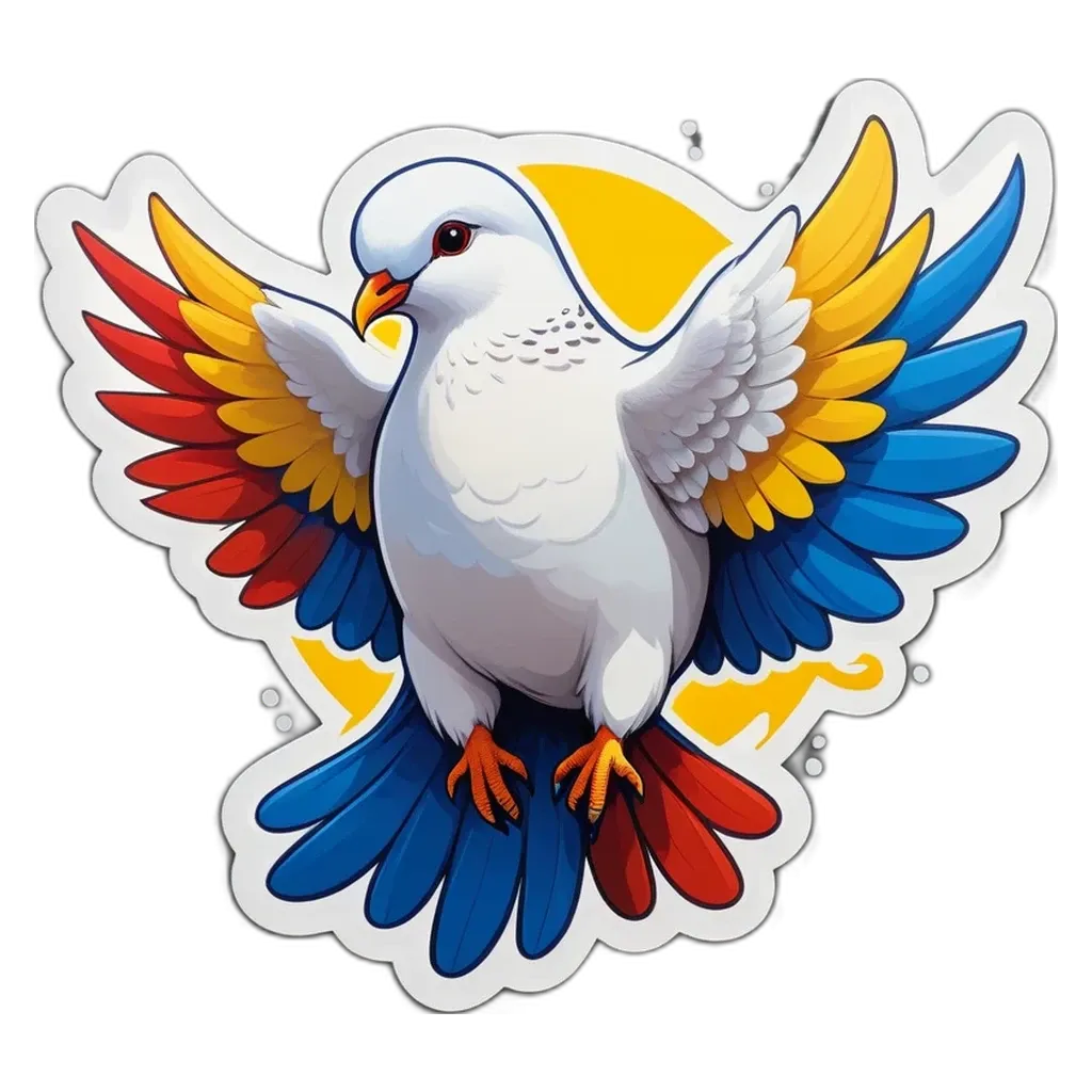 A sticker of a dove taking flight from a black background.