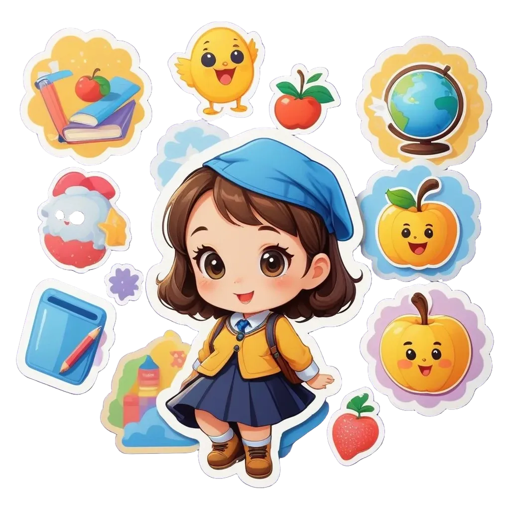 A small girl with a blue hat and yellow duck sticker on her shirt.