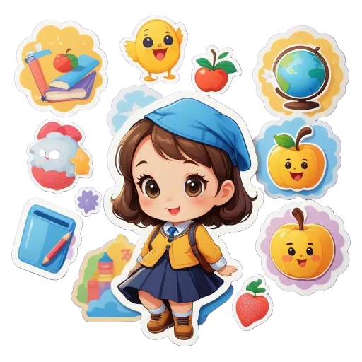 A small girl with a blue hat and yellow duck sticker on her shirt.