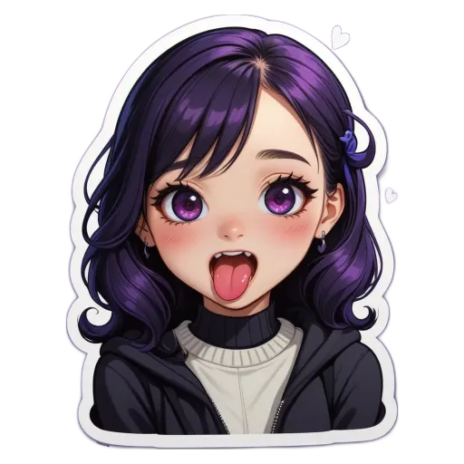 A purple character with a mouth that has two tongue sticking out.
