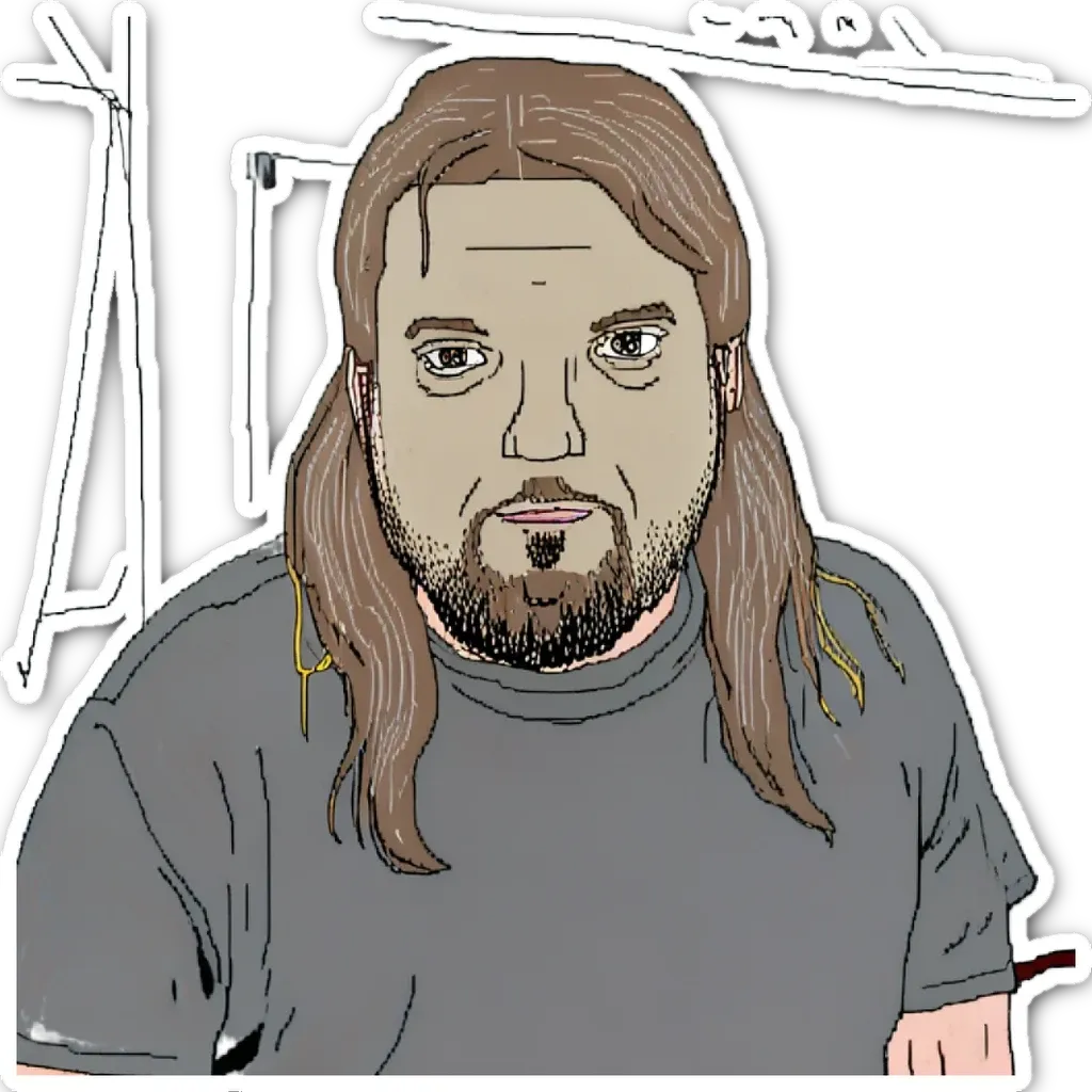 A man with a beard and long hair is sitting down.