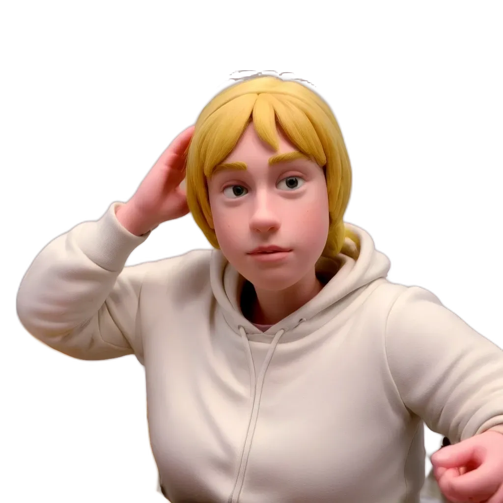 A girl is wearing a white hoodie and touching her head.