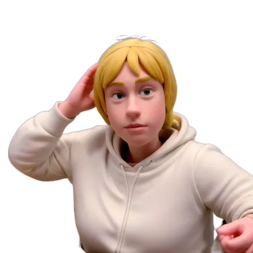 A girl is wearing a white hoodie and touching her head.