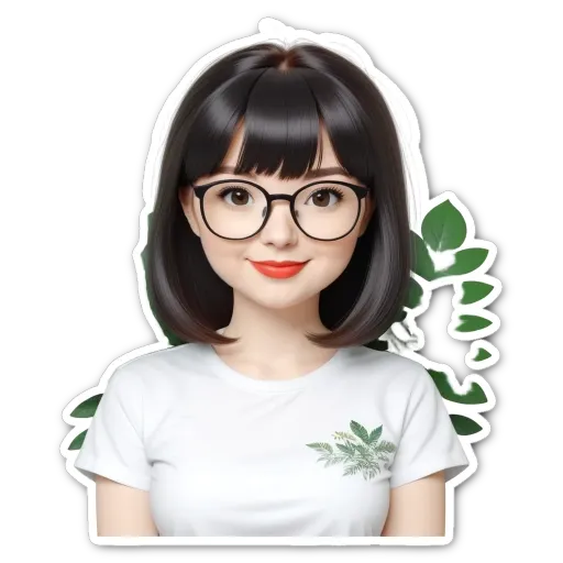 A sticker of a girl wearing glasses that has a plant on it.