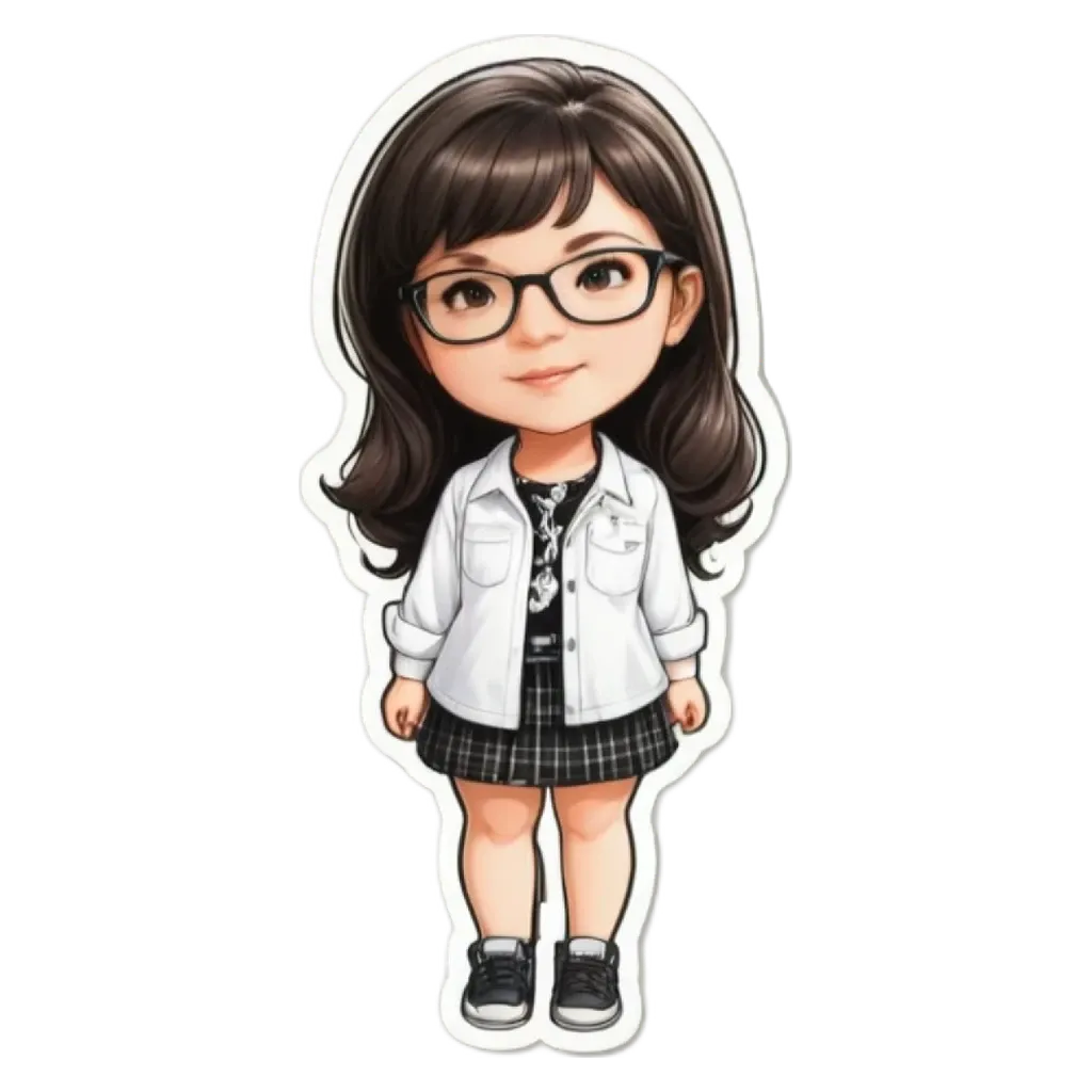 A sticker of a girl wearing glasses that is black and white.
