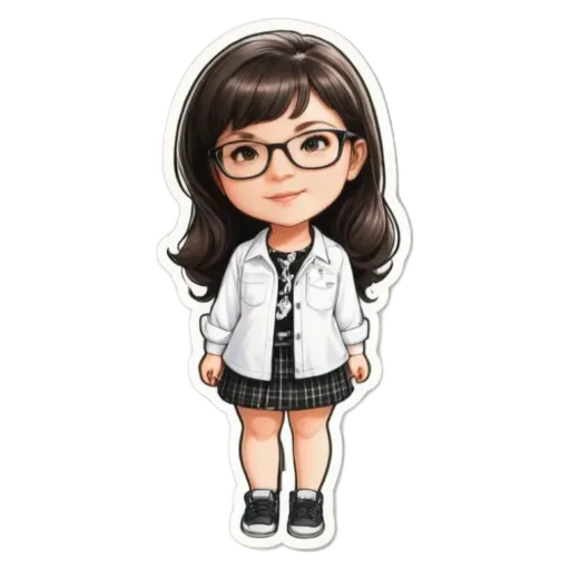 A sticker of a girl wearing glasses that is black and white.