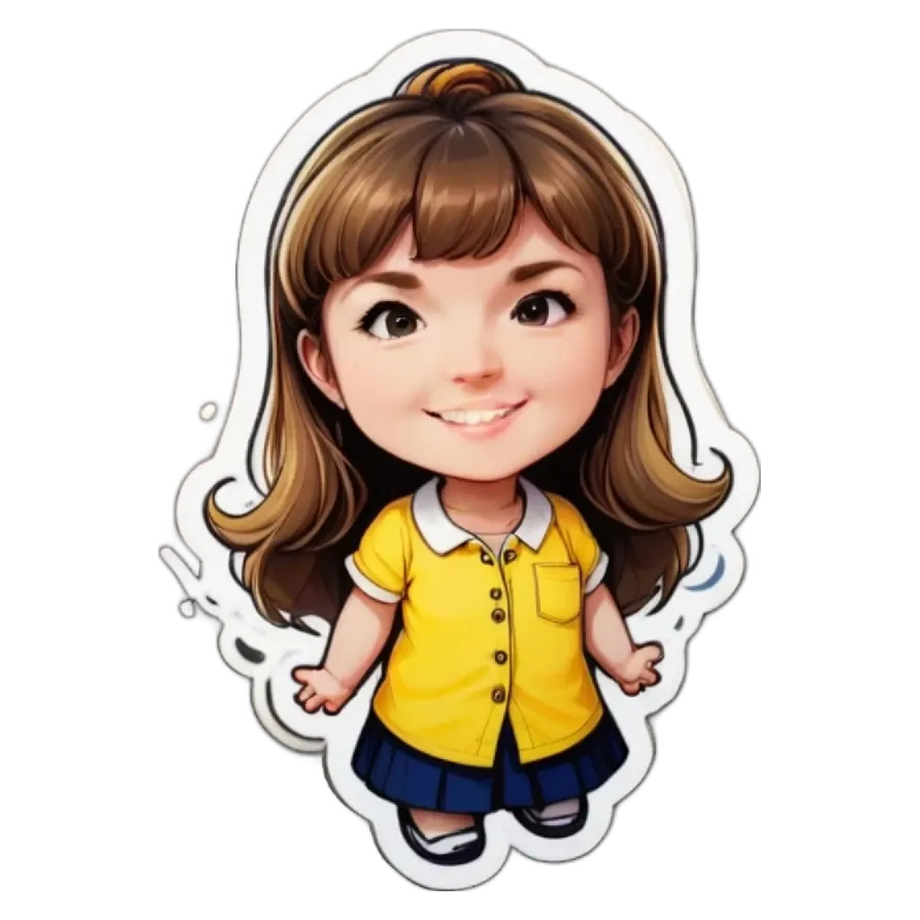 A girl is wearing a yellow shirt and blue skirt.