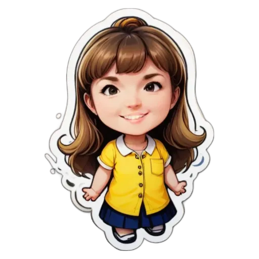 A girl is wearing a yellow shirt and blue skirt.