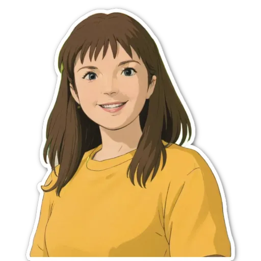 A girl is smiling and her face is on a sticker.