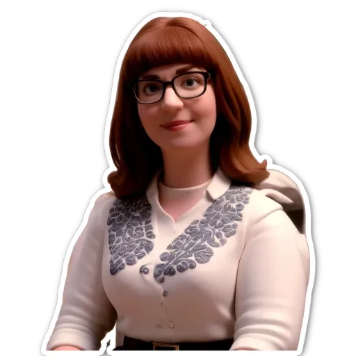 A sticker of a woman with glasses that is on a black background.