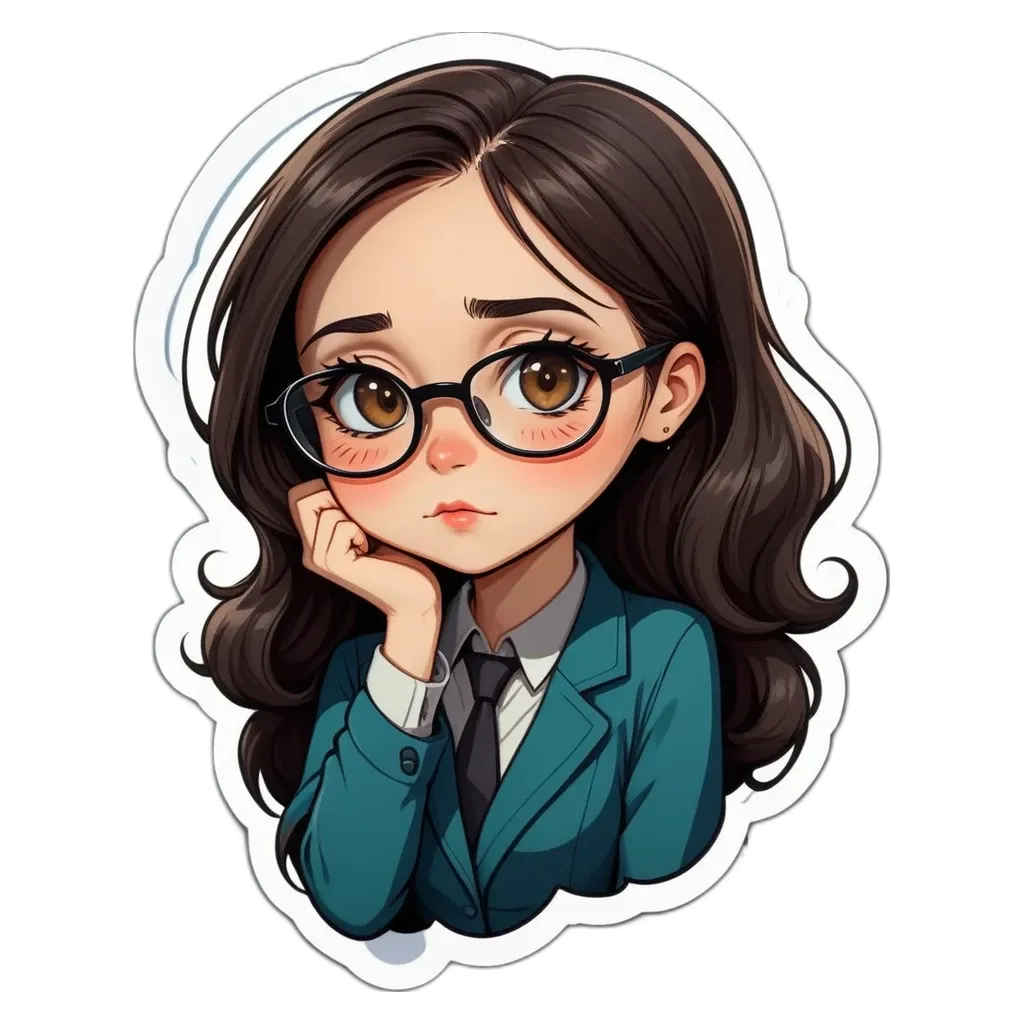 A girl wearing glasses and a tie sticker.