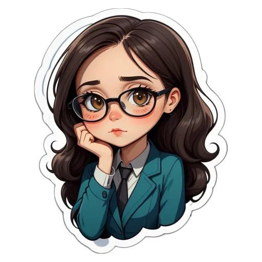 A girl wearing glasses and a tie sticker.