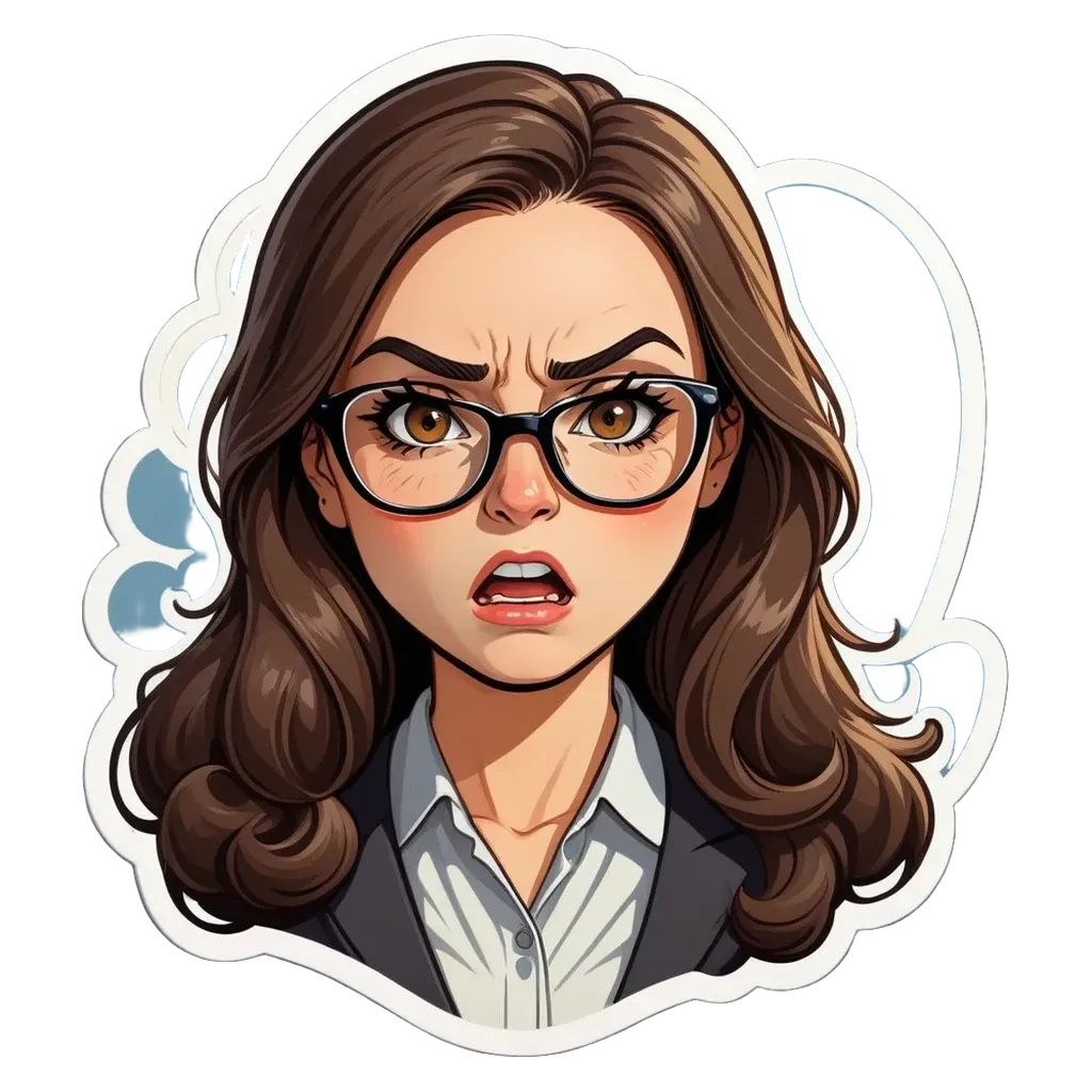 A woman wearing glasses and a suit has a frown on her face.