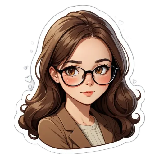 A sticker of a girl wearing glasses.