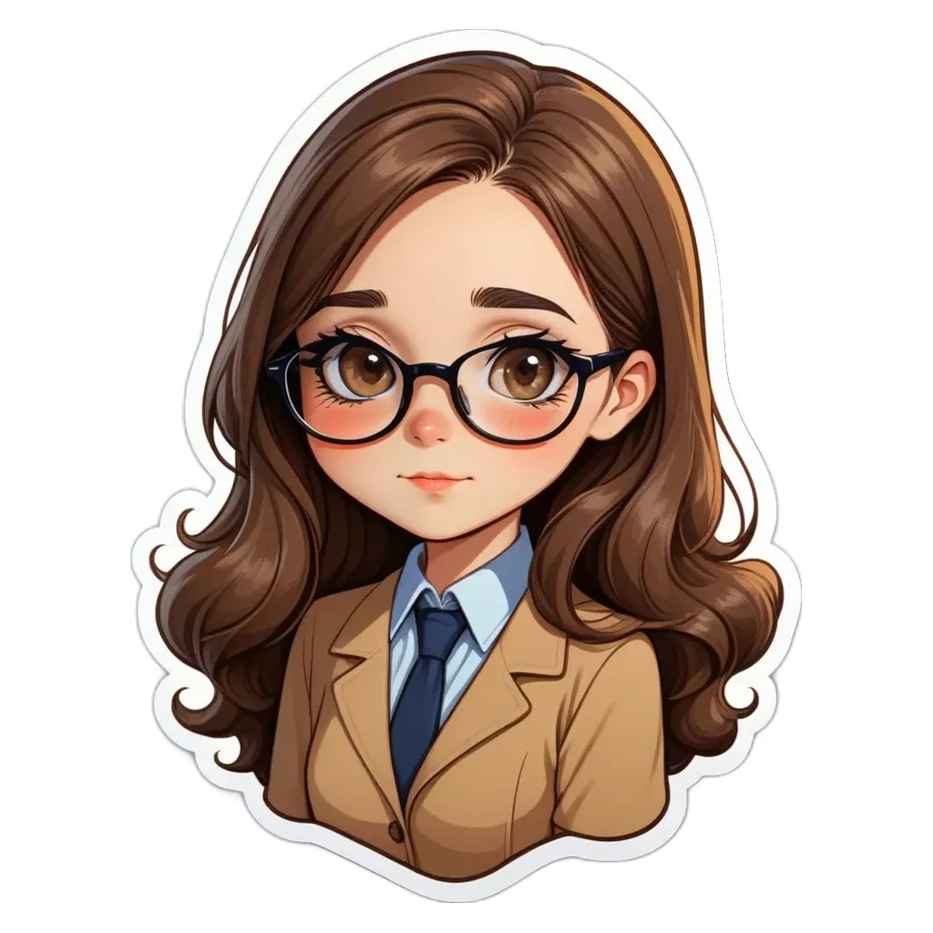 A girl with glasses that is on a sticker.