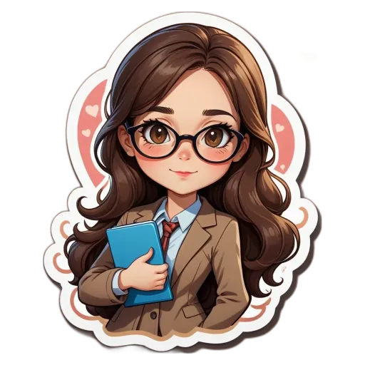 A girl wearing glasses is holding a book in a cartoon character.
