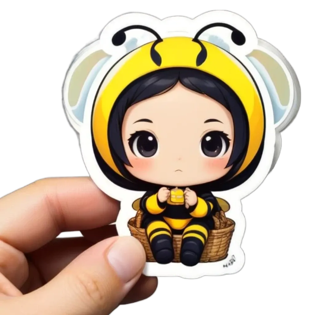 A hand holds a bee themed sticker of a girl.