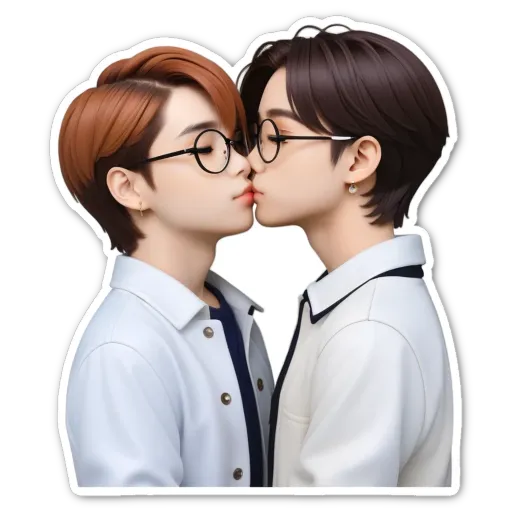 A kissing picture of two boys wearing glasses.