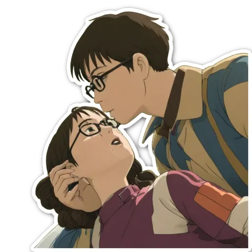 A kissing couple from a anime kissing their babies.