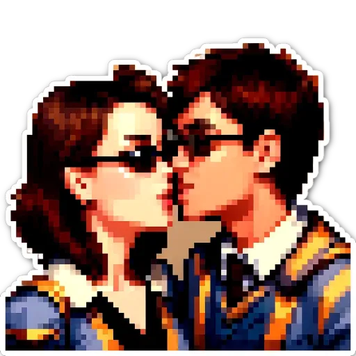 Two people kissing each other in a digital picture.