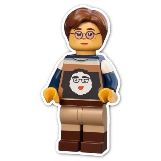 A lego person with a white face and brown legs.