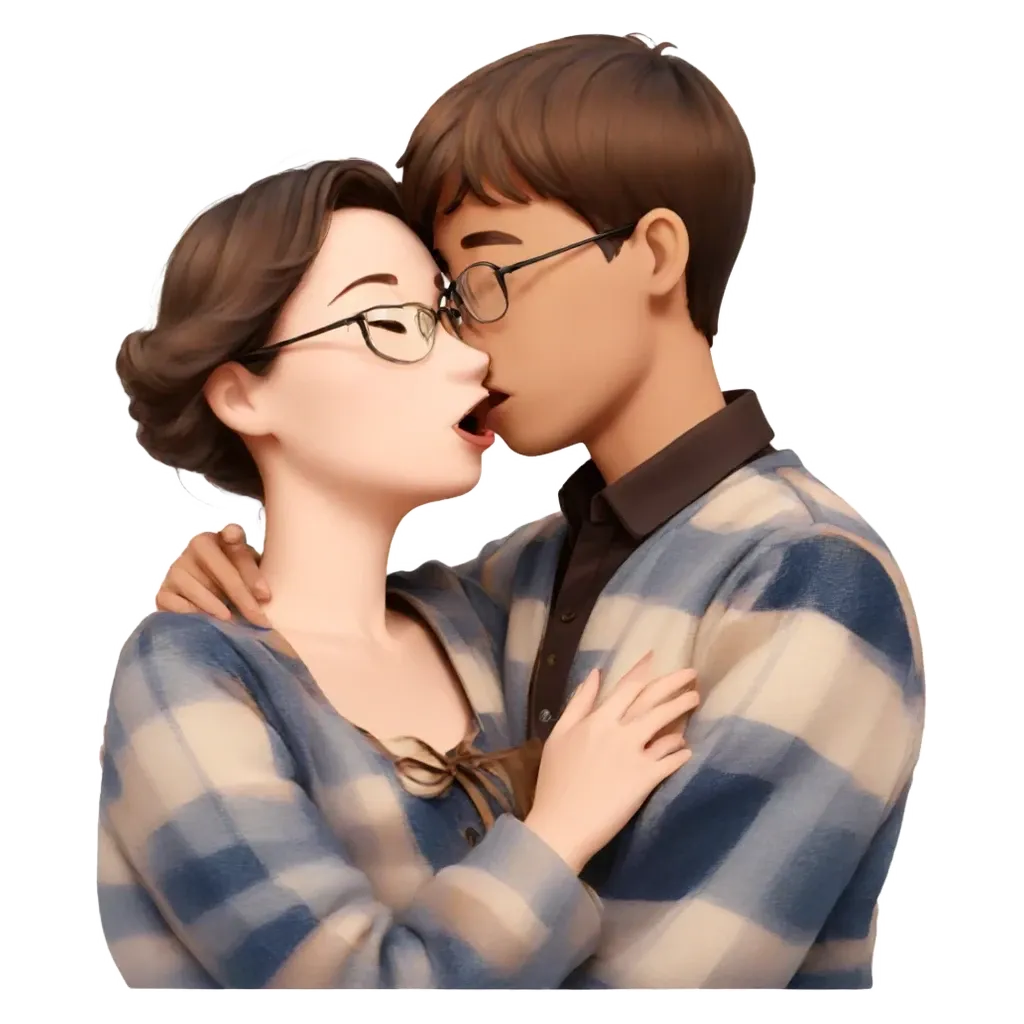 A kissing couple in a 3d man woman in glasses.