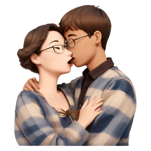 A kissing couple in a 3d man woman in glasses.