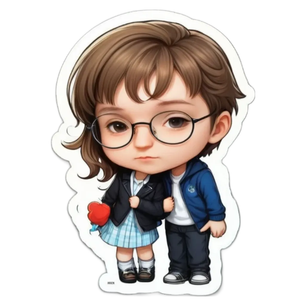 A boy and girl wearing glasses are holding an apple.