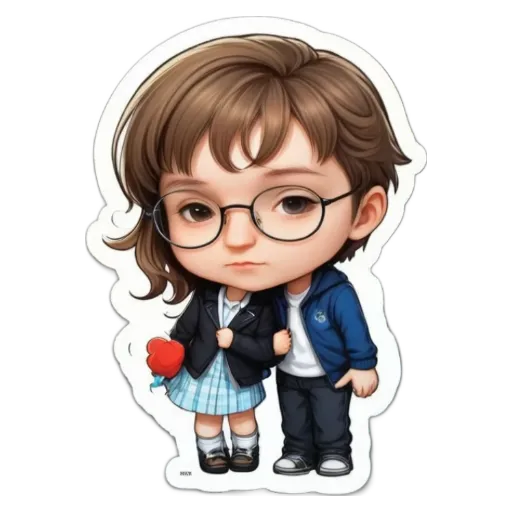 A boy and girl wearing glasses are holding an apple.