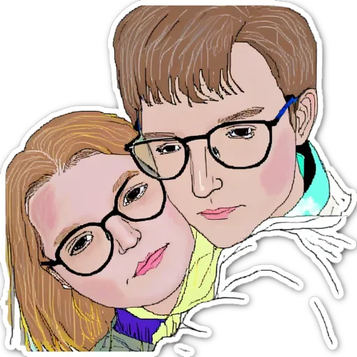 A boy and girl wearing glasses are hugging.