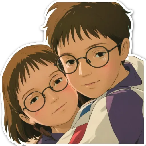 Two people wearing glasses and a white and purple shirt.