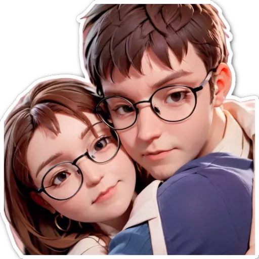 A boy and girl wearing glasses are hugging each other.