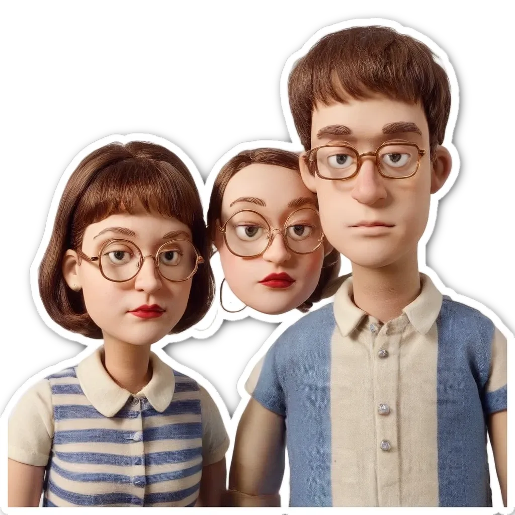 Three eye glasses wearing fake faces the man, woman and child.
