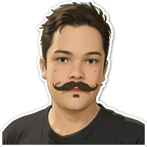 A man with a mustache and a sticker of his face.