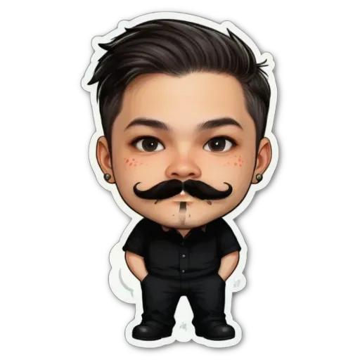 A small cartoon picture of a man with a mustache and black shirt.
