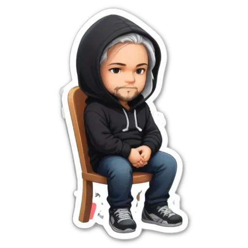 A boy is sitting in a chair in a black hoodie.