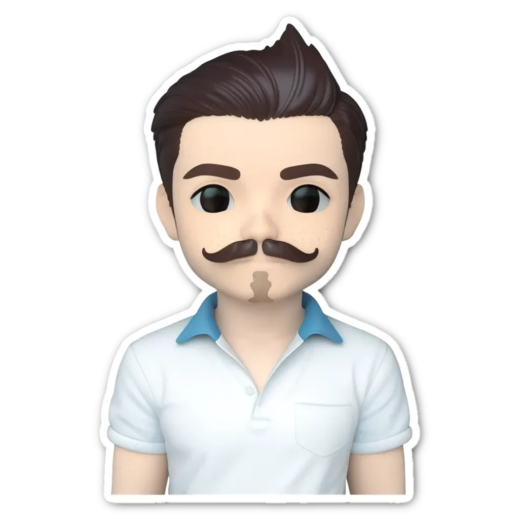 A sticker of a man with a mustache and a blue and white collar.