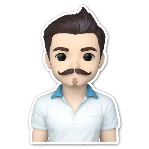 A sticker of a man with a mustache and a blue and white collar.