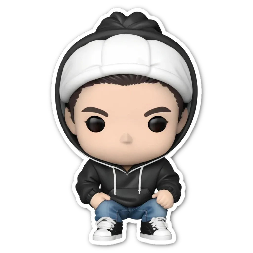 A black and white sticker of a boy in a hoodie sitting down.