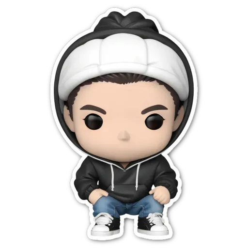 A black and white sticker of a boy in a hoodie sitting down.