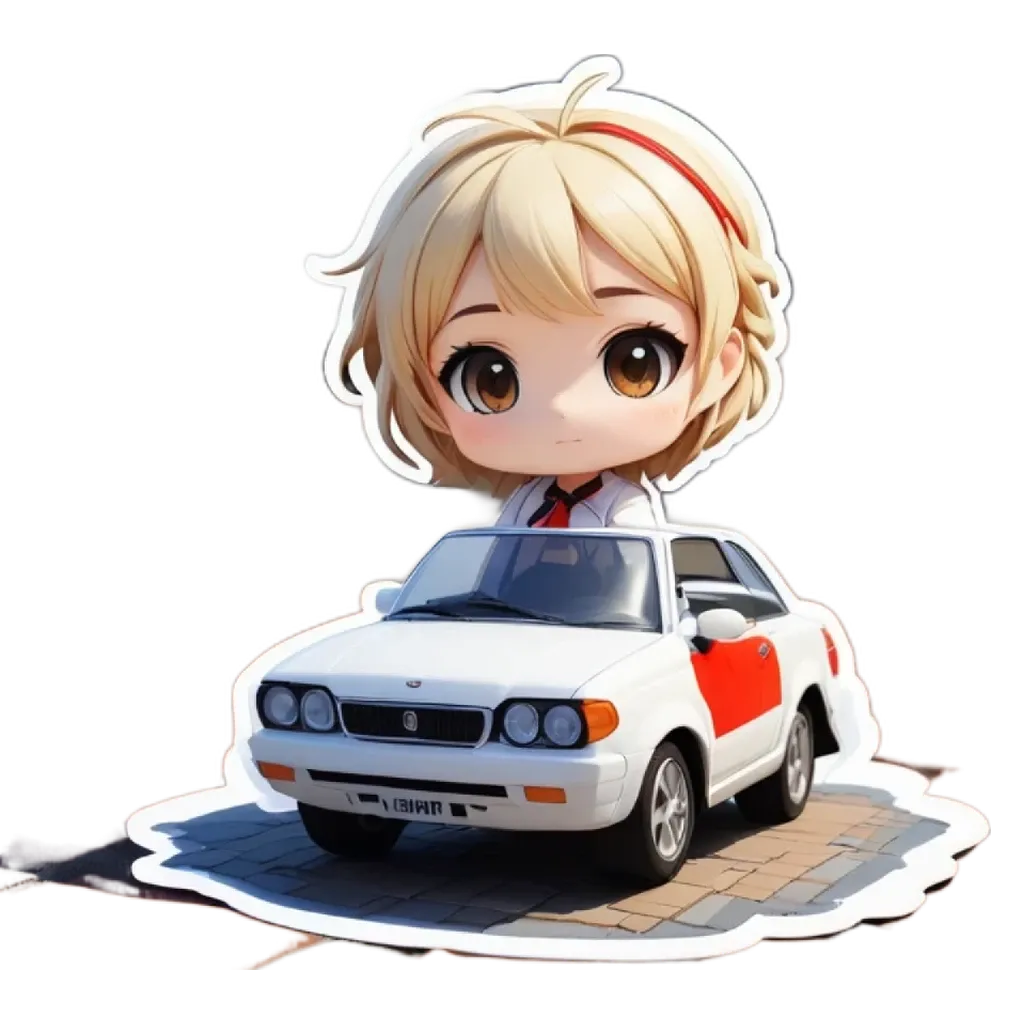 A girl is sitting in a car that is part of a sticker of a girl.