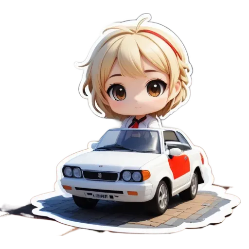 A girl is sitting in a car that is part of a sticker of a girl.