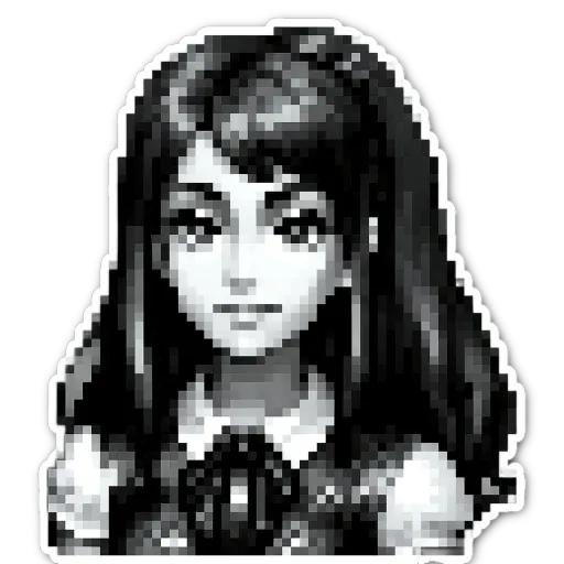 A girl in a black and white pixelated sticker of her wearing a white collar.