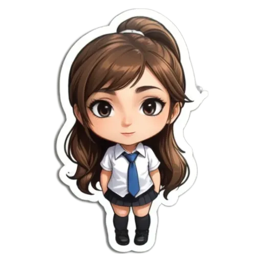 A girl wearing a blue tie and short skirt is standing on a black and white background.