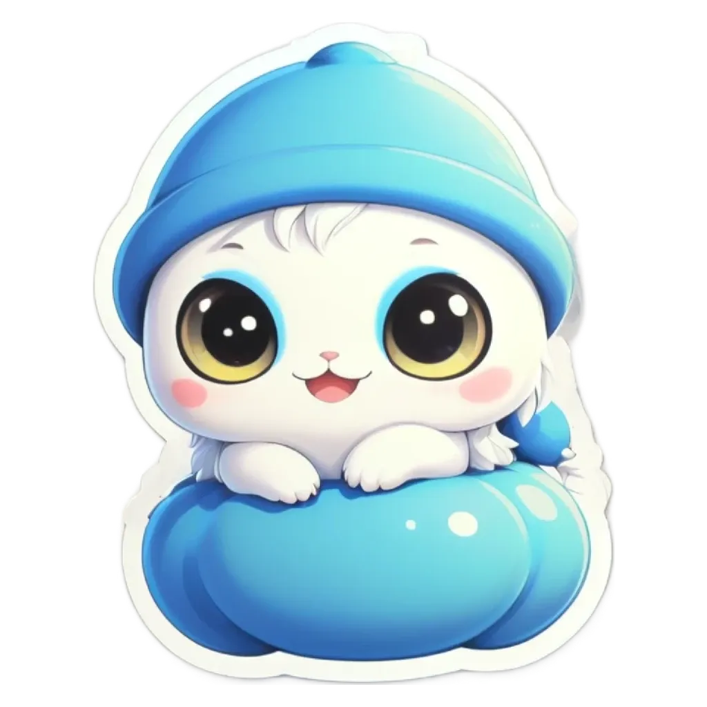 A cute white cat wearing a blue hat and lying on a blue pumpkin.