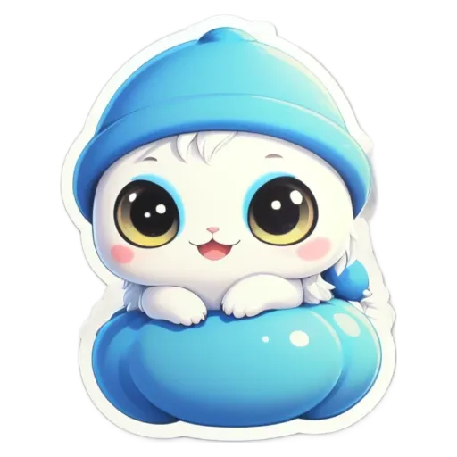 A cute white cat wearing a blue hat and lying on a blue pumpkin.