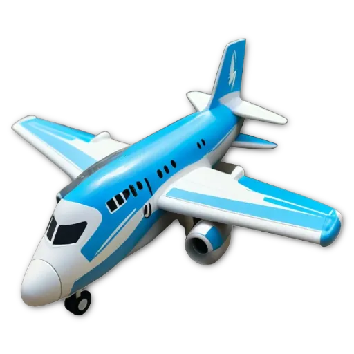 A blue and white airplane toy is on a black background.