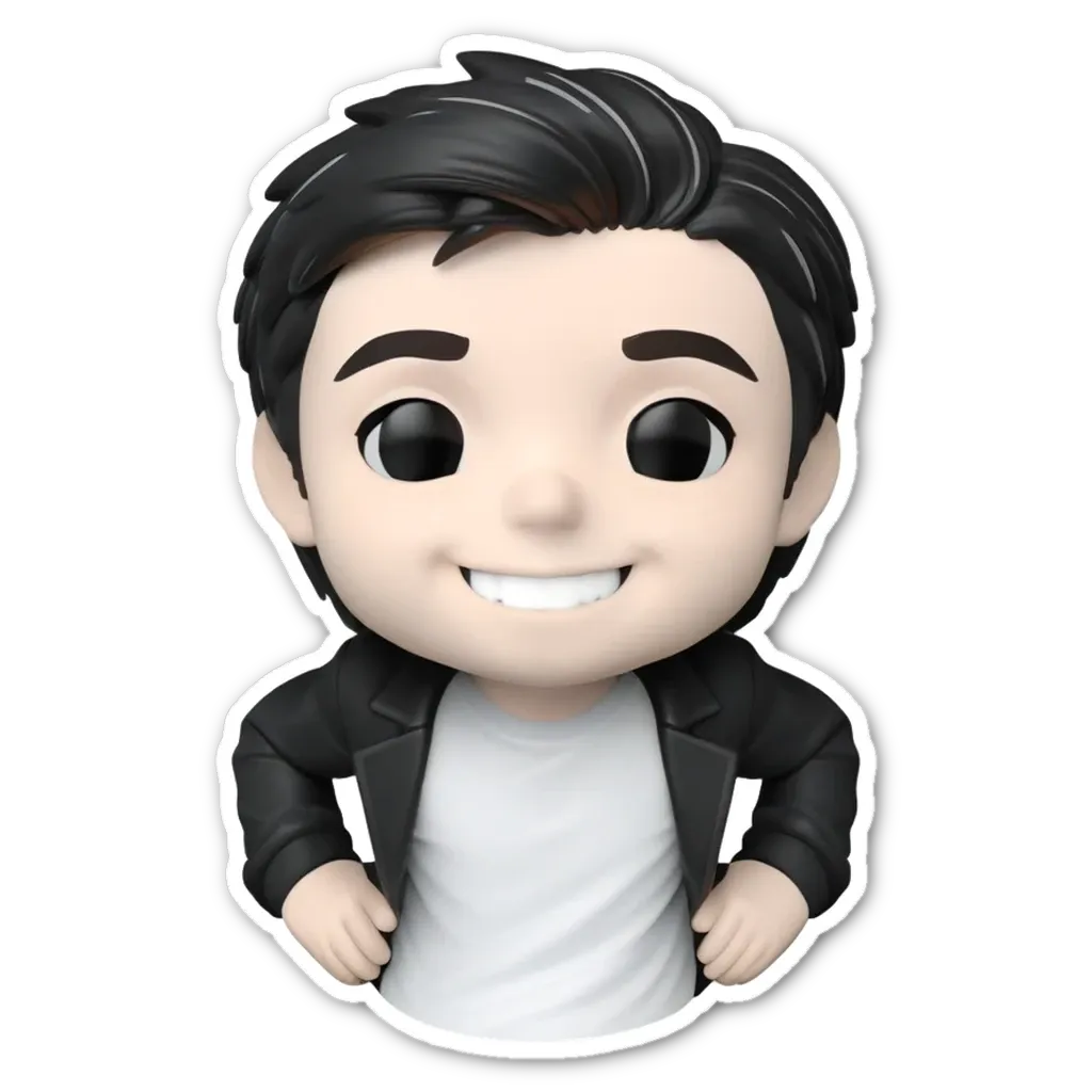 A sticker of a man with a white shirt and black jacket with a smile.
