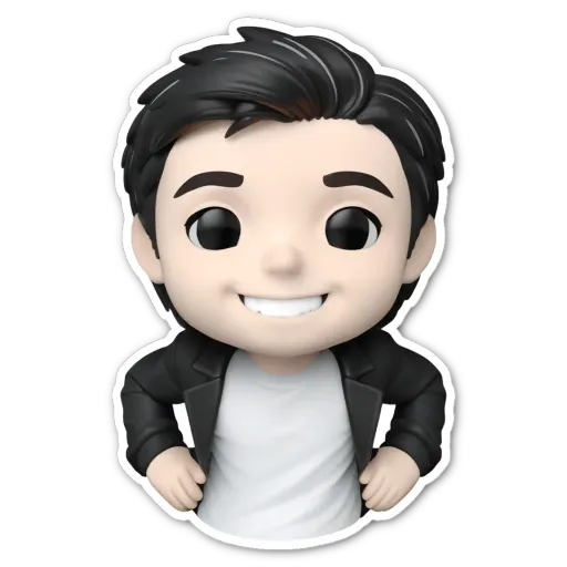 A sticker of a man with a white shirt and black jacket with a smile.